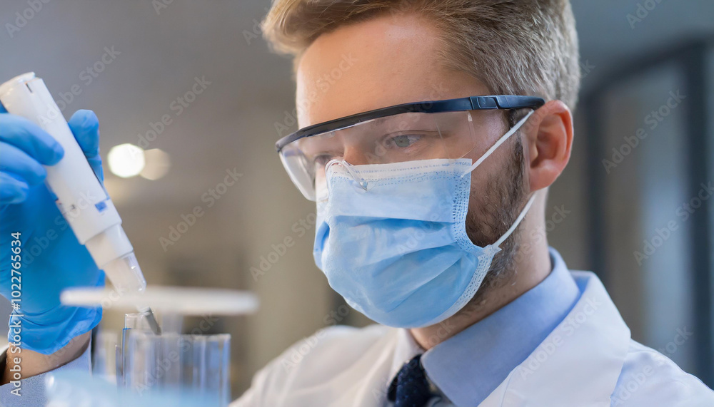 Poster scientist performing experiments in a laboratory while wearing safety gear and a mask during working