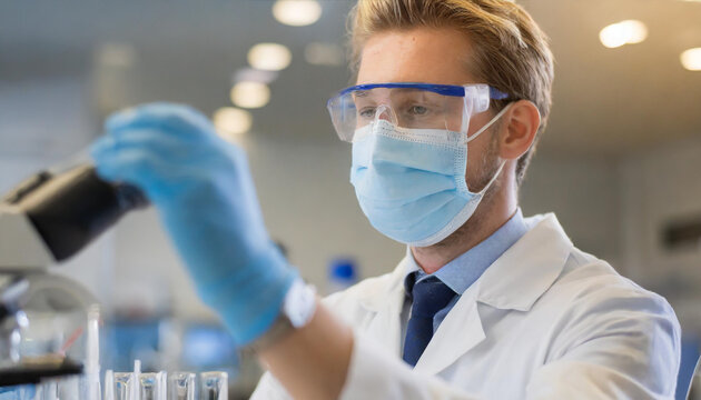 A scientist in a laboratory conducting experiments with test tubes while wearing protective gear and a face mask during the day
