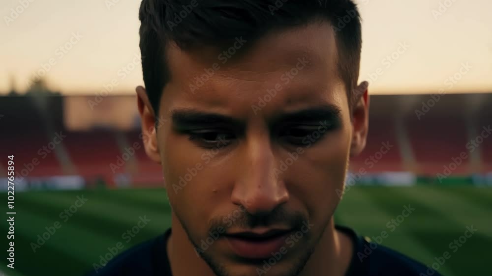 Poster male soccer player is standing on a soccer field with a serious expression, deep in thought. the sun
