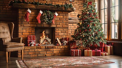 Warmly lit living room with brick fireplace and Christmas tree decorated for the holidays