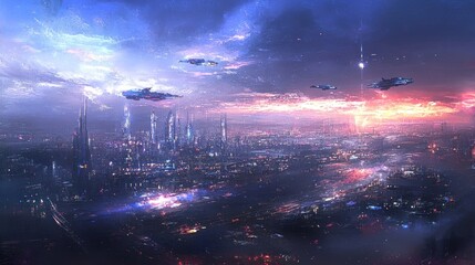 Obraz premium A futuristic cityscape illuminated by vibrant colors and flying vehicles.