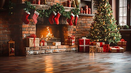 Cozy living room with decorated Christmas tree and glowing fireplace creating warm holiday atmosphere