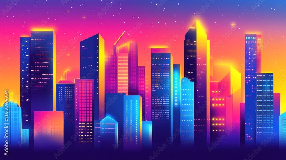 Poster A vibrant city skyline at sunset, showcasing colorful buildings and a starry sky.