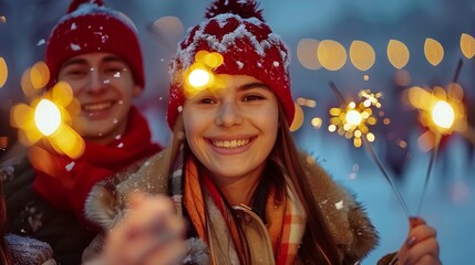 Happy girls holding sparklers during outdoor holiday celebration with winter lights in the background