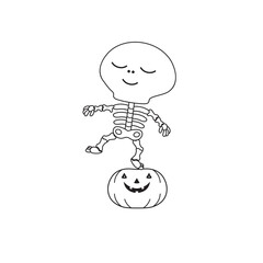 Cute cartoon illustration of a skeleton on a pumpkin