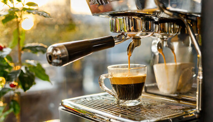 Crafting a perfect espresso shot in a cozy coffee shop during golden hour in the early evening