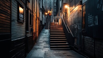Dimly lit urban alley with stairs, brick walls, and warm street lights casting shadows, featuring graffiti on walls and a moody atmosphere.