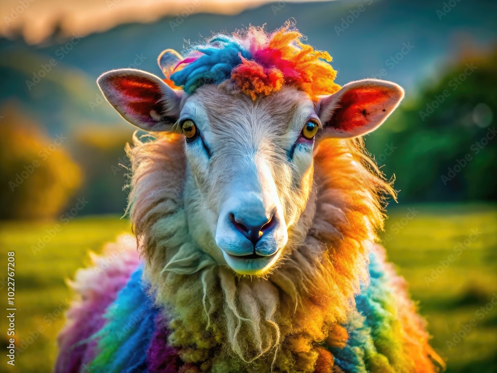 Poster soft and fuzzy sheep with a sheepish expression in a serene pastoral landscape setting