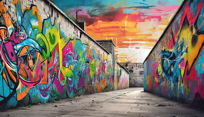 Vibrant urban alleyway adorned with colorful graffiti art under a stunning sunset sky