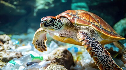 Fototapeta premium A sea turtle swimming gracefully through water, surrounded by plastic waste, highlighting ocean pollution issues.