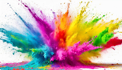 Colorful explosion of powdered pigments creates a vibrant display against a white background during a festive celebration