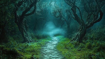 Mystical foggy forest path with twisted trees