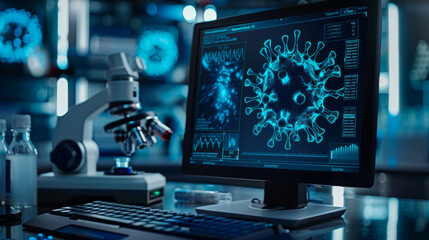 Medicine doctor and robotics research and analysis. Diagnose checking coronavirus or covid-19 testing result  virtual screen  laboratory