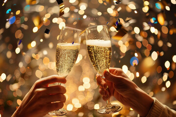 close up horizontal image of two people toasting with a glass of champagne in a festive celebration context