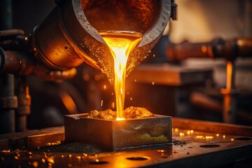 Hard work. Factory, industry, metallurgy. Casting of liquid steel from a ladle during the casting process in a foundry. Metal production.