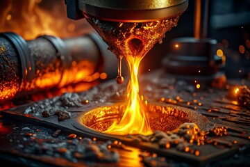 Hard work. Factory, industry, metallurgy. Casting of liquid steel from a ladle during the casting process in a foundry. Metal production.