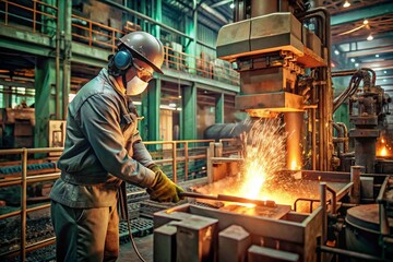 Hard work. Factory, industry, metallurgy. Casting of liquid steel from a ladle during the casting process in a foundry. Metal production.