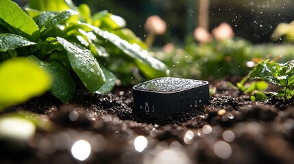 A sleek smart garden sensor in a flower bed, monitoring soil moisture, water droplets on leaves, digital screen showing data, sunlit garden, bright and detailed scene, contrasting textures of soil,