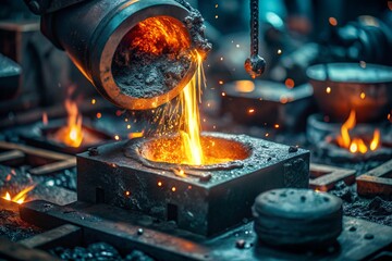 Hard work. Factory, industry, metallurgy. Casting of liquid steel from a ladle during the casting process in a foundry. Metal production.