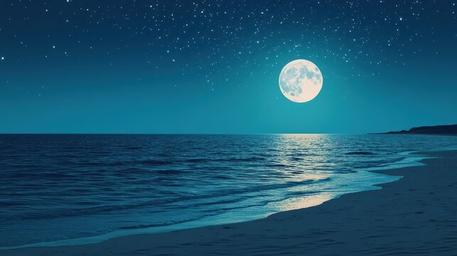 A serene moonlit beach scene at night, with shimmering waves under a bright full moon, creating a tranquil atmosphere.