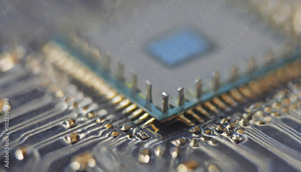 Poster close-up of a microprocessor on a circuit board showcasing intricate details and connections