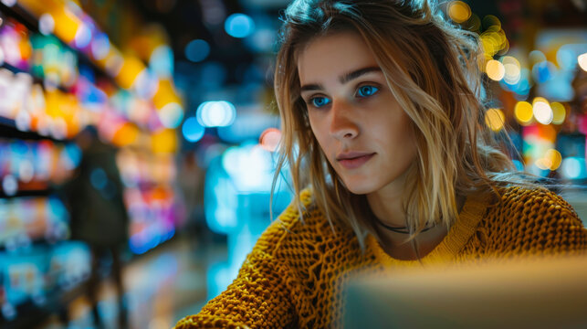 show a photographic scene of a young woman experiencing a rewarding buying process behind her latop