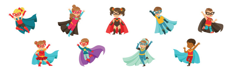 Little Kid Superhero in Cloak and Mask Vector Set