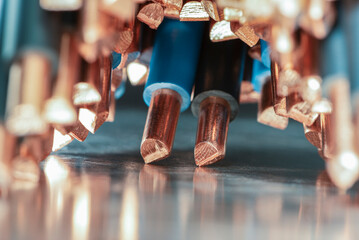 Close-up of copper wire cable used in the power industry and energy infrastructure