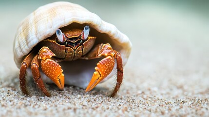 A close-up view of a hermit crab emerging from its shell on a sandy beach, showcasing its vibrant colors and natural habitat.