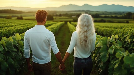 A couple holding hands in a lush green vineyard during sunset, facing the distant mountains, creating a peaceful and romantic scene with warm light and natural surroundings