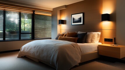 Obraz premium Modern bedroom with a large bed, multiple pillows, wooden headboard, bedside tables, wall lamps, and a window with blinds displaying an outdoor view.