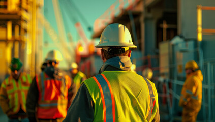 Group of construction workers wearing orange safety jackets and yellow hard hats, standing in front of an industrial building under construction. manager leading a team of construction professionals
