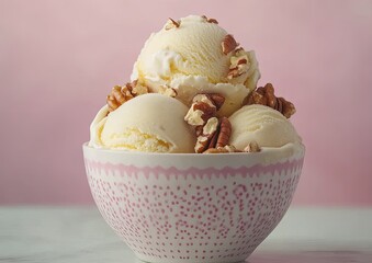 Fototapeta premium A bowl of ice cream with walnuts on top