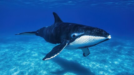Fototapeta premium A majestic whale gracefully gliding through crystal-clear ocean waters, showcasing its beauty and serenity in the underwater world.