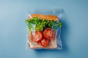 Sandwich with lettuce and tomatoes packed in a clear resealable bag on a blue surface