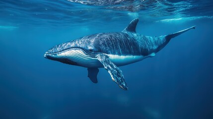 A majestic whale gracefully swimming in the ocean, showcasing its breathtaking beauty and serenity in the underwater world.