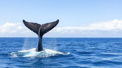 Obraz premium A majestic whale tail emerging from the tranquil blue ocean, showcasing the beauty of marine life and nature's wonders.