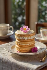 Stack of round cakes with creamy white frosting and sprinkles on small plate