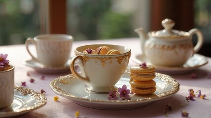 Fototapeta premium Teacup with two cookies on a saucer, elegant tea service setup on table