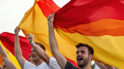 A passionate crowd celebrates, waving large flags in vibrant colors during a festive event, showcasing unity and enthusiasm.