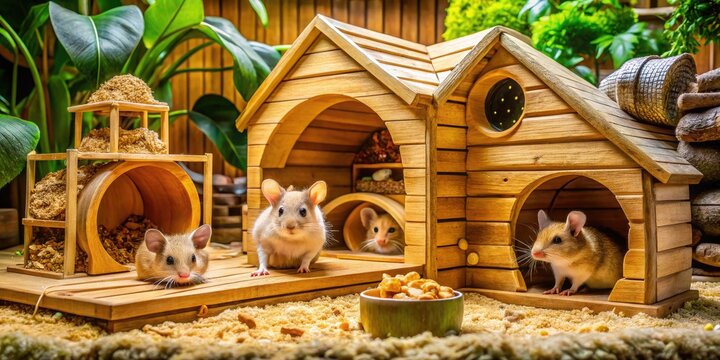 Spacious and Well-Designed Mouse Enclosure with Natural Wood, Bedding, and Accessories for Rodents