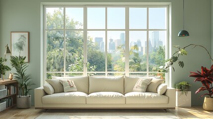 A modern living room with soft light green or pale blue walls, creating a calm and refreshing atmosphere. The room features sleek, minimalist furniture, including a comfortable sofa.