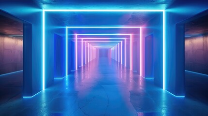 Fototapeta premium 3d room asymmetrical endless room, dark blue tunnel made of gradient colors, mirror walls, strong rectangle neon lines, primary colors are white, blue, and light blue glowing light, minimalistic.