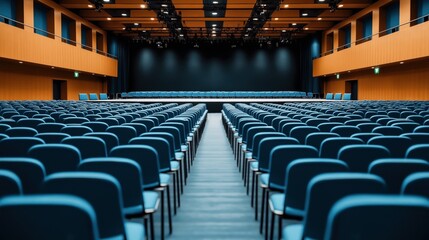 Naklejka premium Empty auditorium with blue seats, wooden walls, and stage at the front. Overhead lighting illuminates the venue with a modern design.