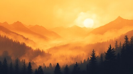Obraz premium A mountain range with a misty forest in the foreground with a glowing orange sun.