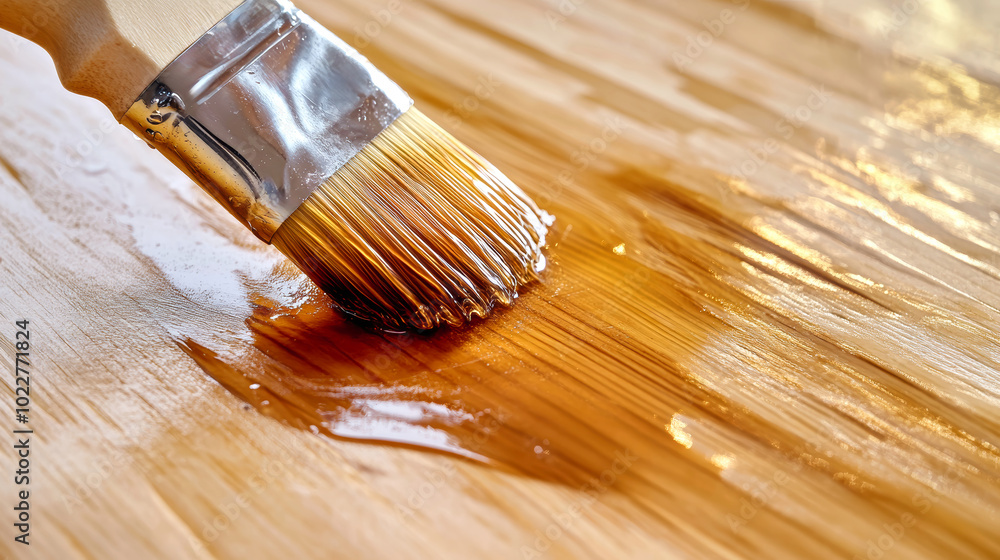 Poster a brush applying clear varnish to a wooden surface, creating a smooth and glossy finish on rich pine