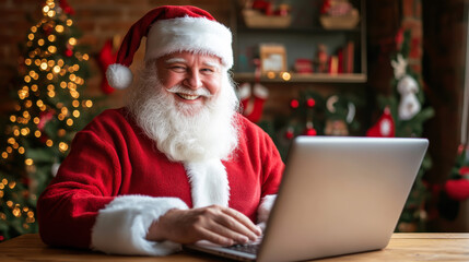 Santa Claus joyfully using a laptop in a cozy, festive room decorated for Christmas during the holiday season