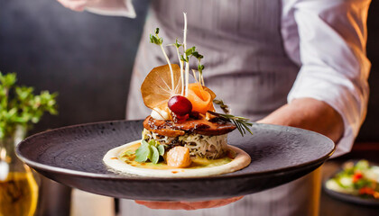 A chef presenting an elegant dish with vibrant garnishes at a gourmet restaurant during dinner...