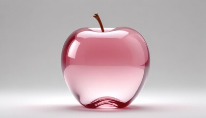 Transparent shiny glass apple 3D with a pink hue sits against a white background