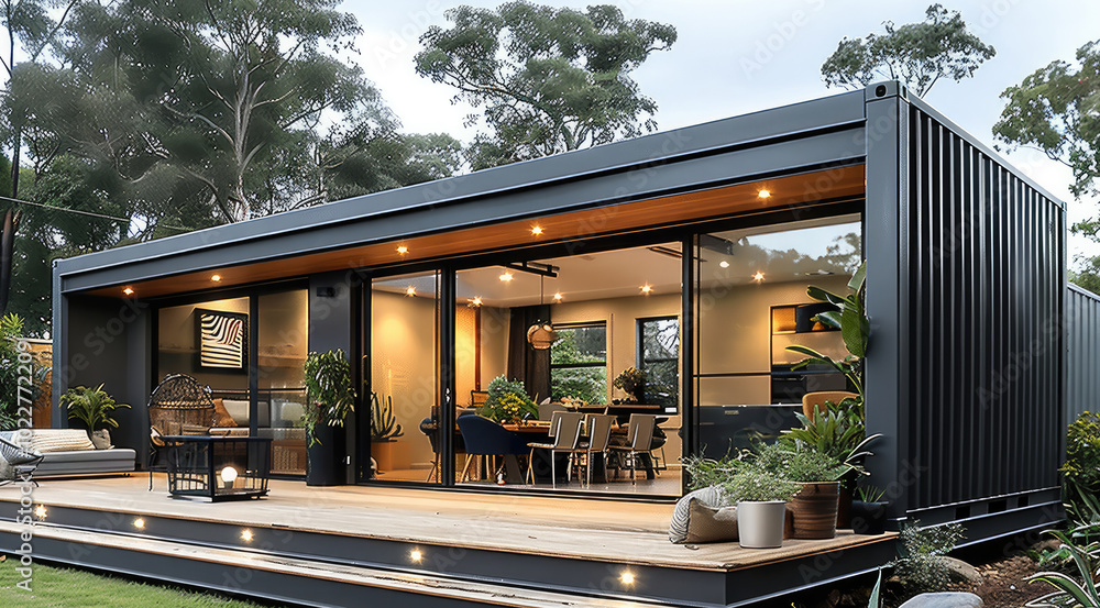 Aufkleber A shipping container home extension attached directly to an existing modern suburban house. positioned seamlessly against the side of the main building, clearly integrating as additional living space.